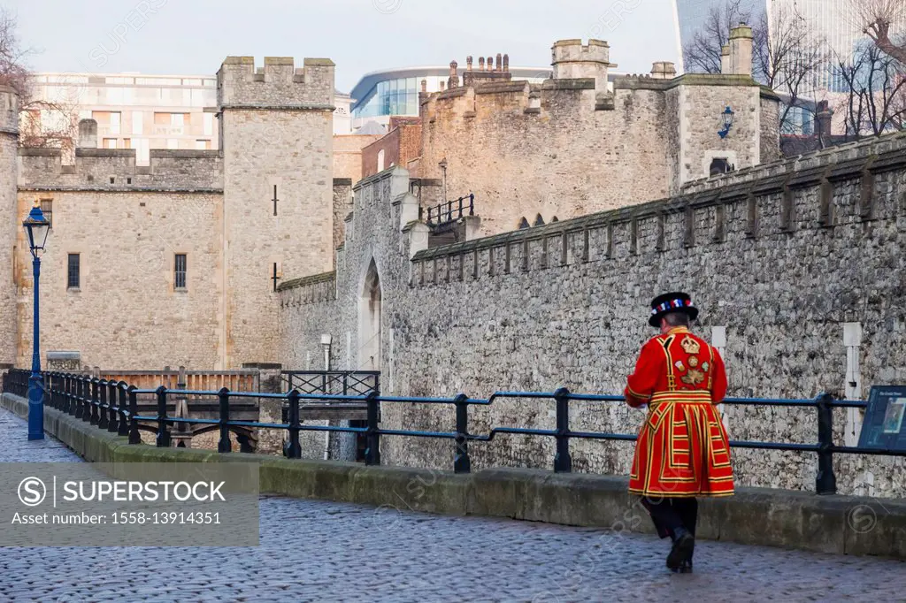 England, London, Tower of London, Tower Walls and Beefeater