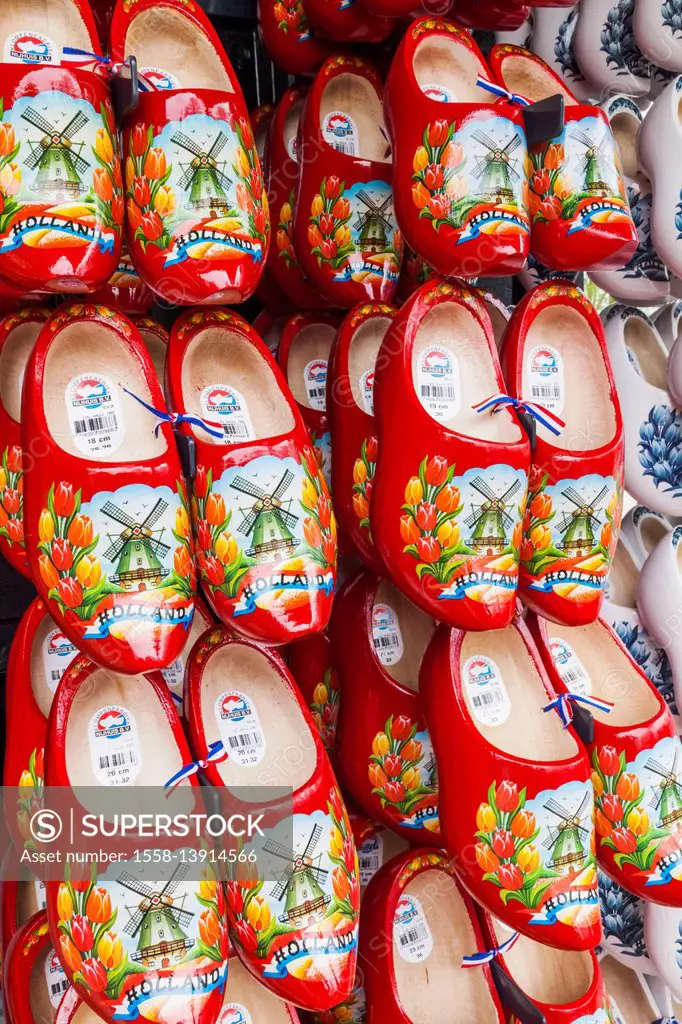 Europe, Netherlands, Amsterdam, Souvenir Shop Display of Colourful Wooden Clogs