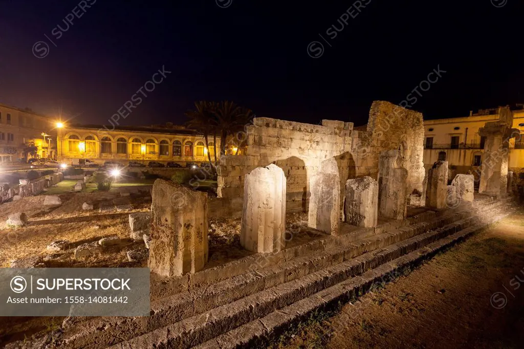 Night view of the ancient Temple of Apollo in the Rocky Necropolis of Pantalica Syracuse Sicily Italy Europe