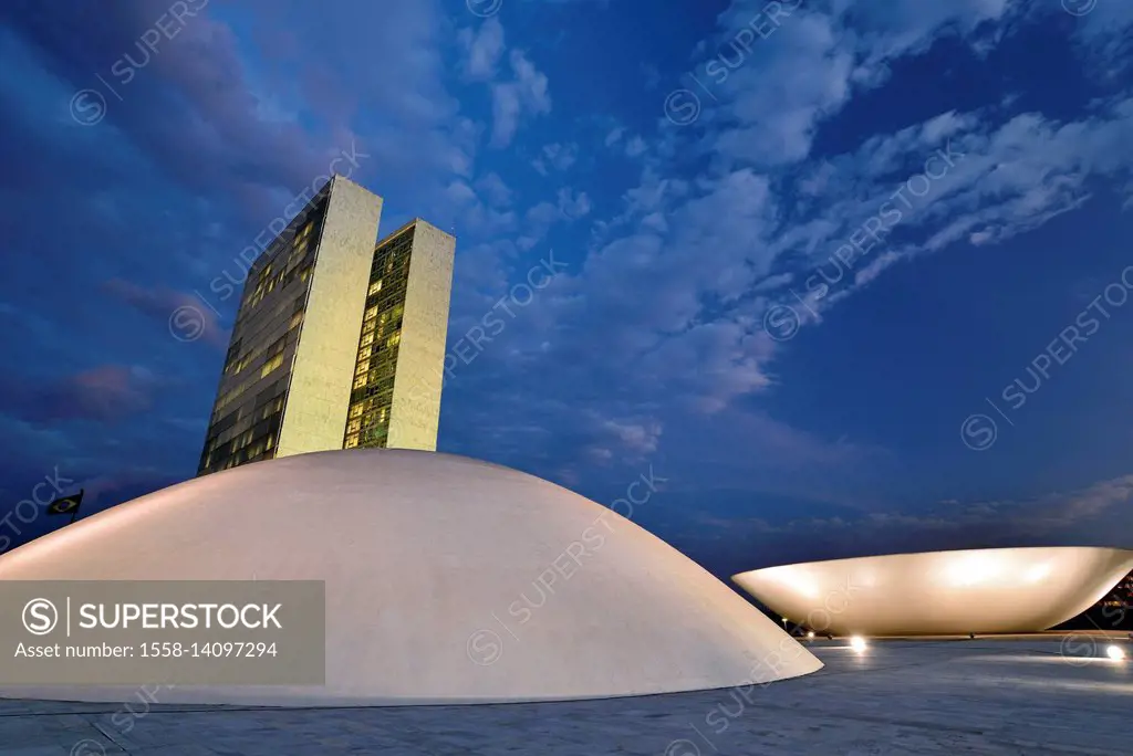 Brazil, Brazil, roof perspective of the national congress of Oscar Niemeyer in the dusk,