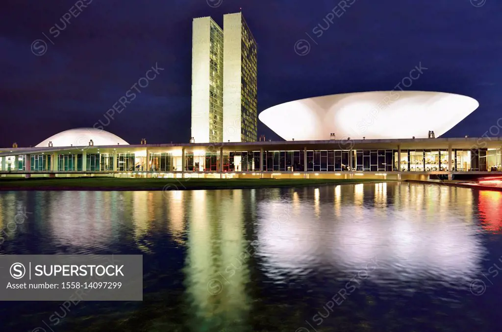 Brazil, Brazil, At night illuminated national congress of Oscar Niemeyer,