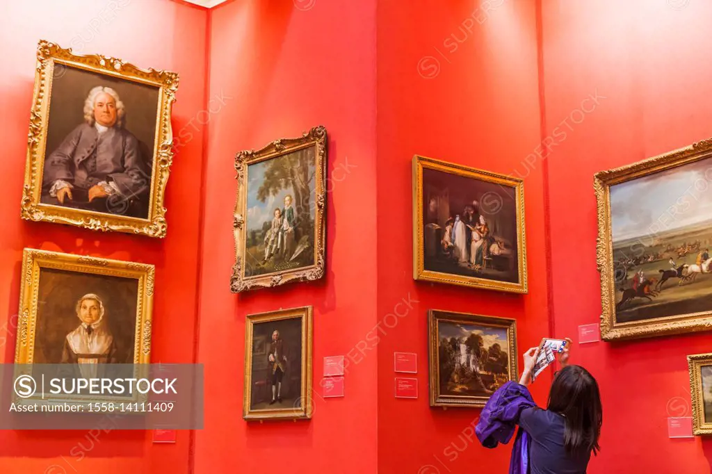 England, Cambridgeshire, Cambridge, Fitzwilliam Museum, Tourist Taking Photo of Artwork