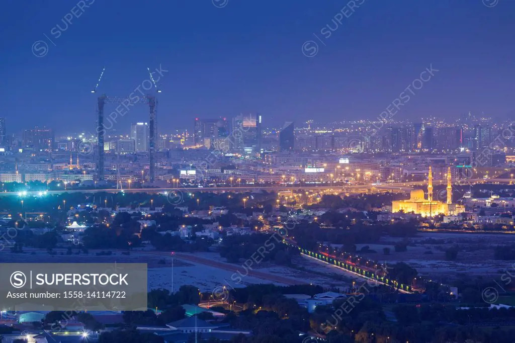 UAE, Dubai, Downtown Dubai, elevated skyline view towards Dubai Creek, dusk