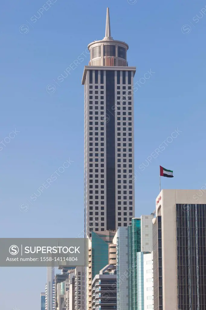 UAE, Dubai, Downtown Dubai, high rise buildings along Sheikh Zayed Road