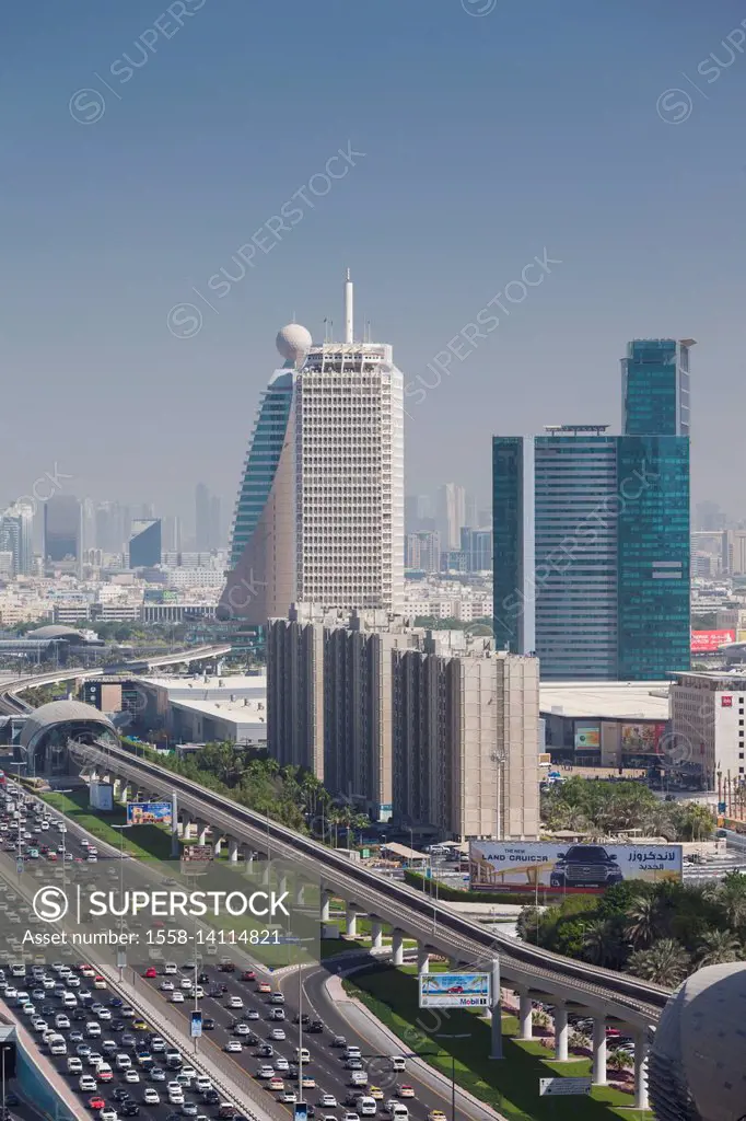 UAE, Dubai, Downtown Dubai, high rise buildings along Sheikh Zayed Road, morning