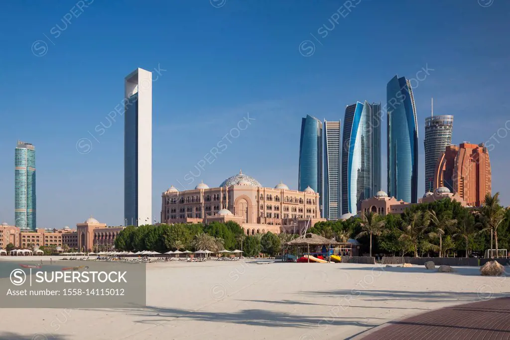 UAE, Abu Dhabi, skyline, Nations Towers, ADNOC Tower, Etihad Towers and Emirates Palace Hotel