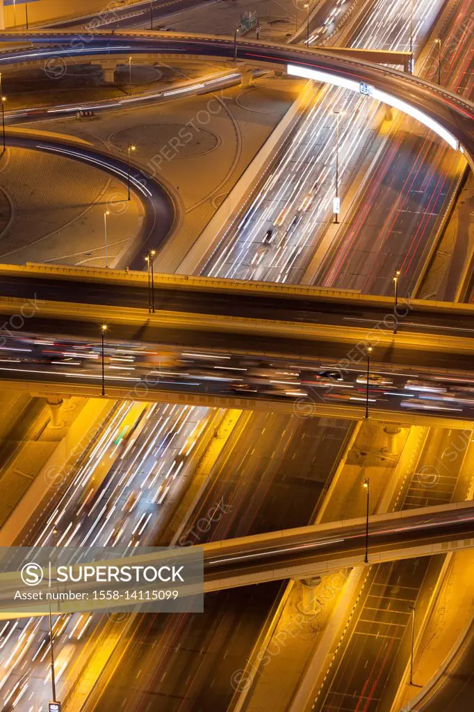 UAE, Dubai, Downtown Dubai, Sheik Zayed Road interchange, elevated view, dusk