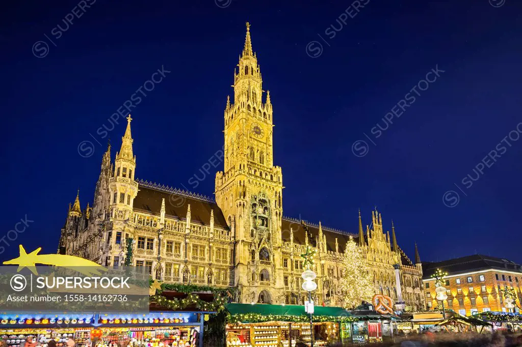 City Hall and Christmas market at night in Munich, Germany