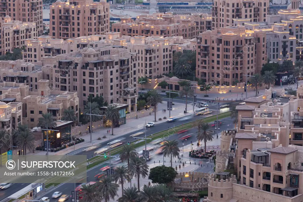 UAE, Dubai, Downtown Dubai, elevated view of Downtown area, dusk