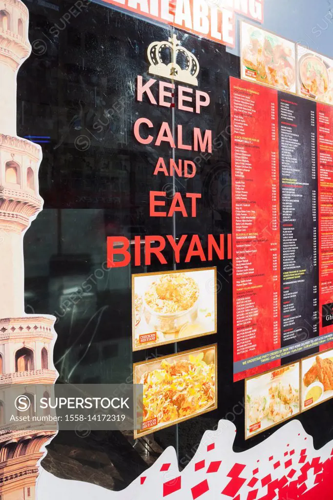 UAE, Dubai, Bur Dubai, sign outside indian restaurant, Keep Calm and Eat Biryani