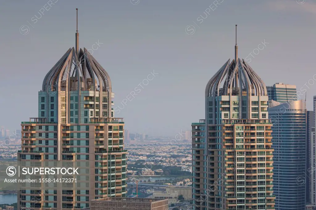 UAE, Dubai, Dubai Marina, elevated view of the marina, dusk