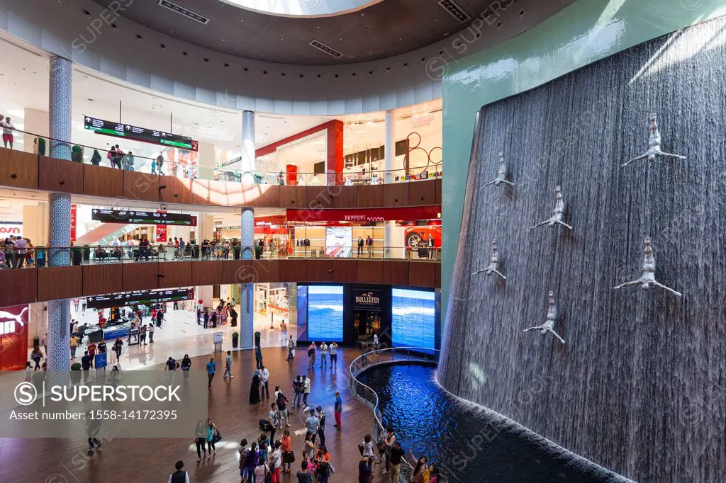 UAE, Dubai, Downtown Dubai, Dubai Mall, interior, waterfall fountain