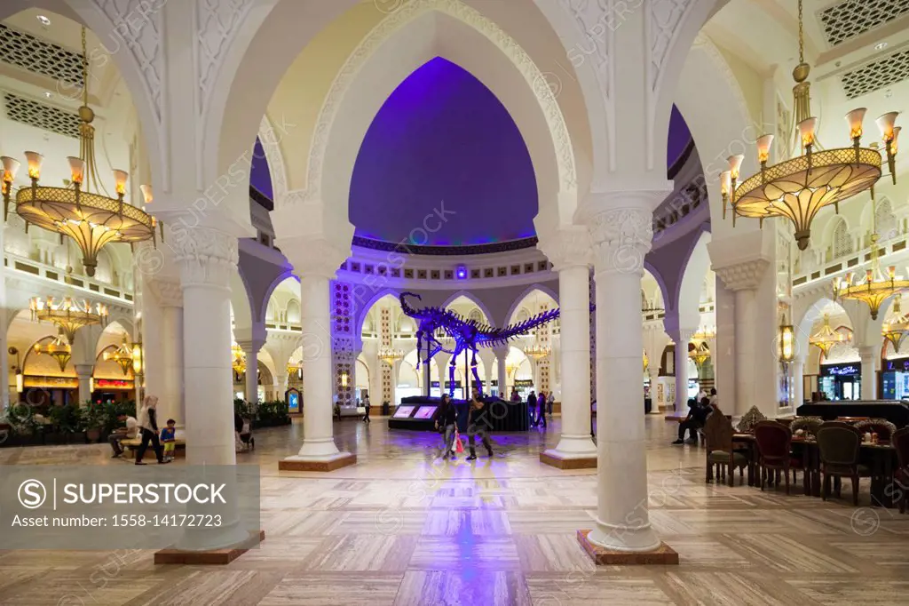 UAE, Dubai, Downtown Dubai, Dubai Mall, interior, Arabic-themed souk area, dinosaur skeleton