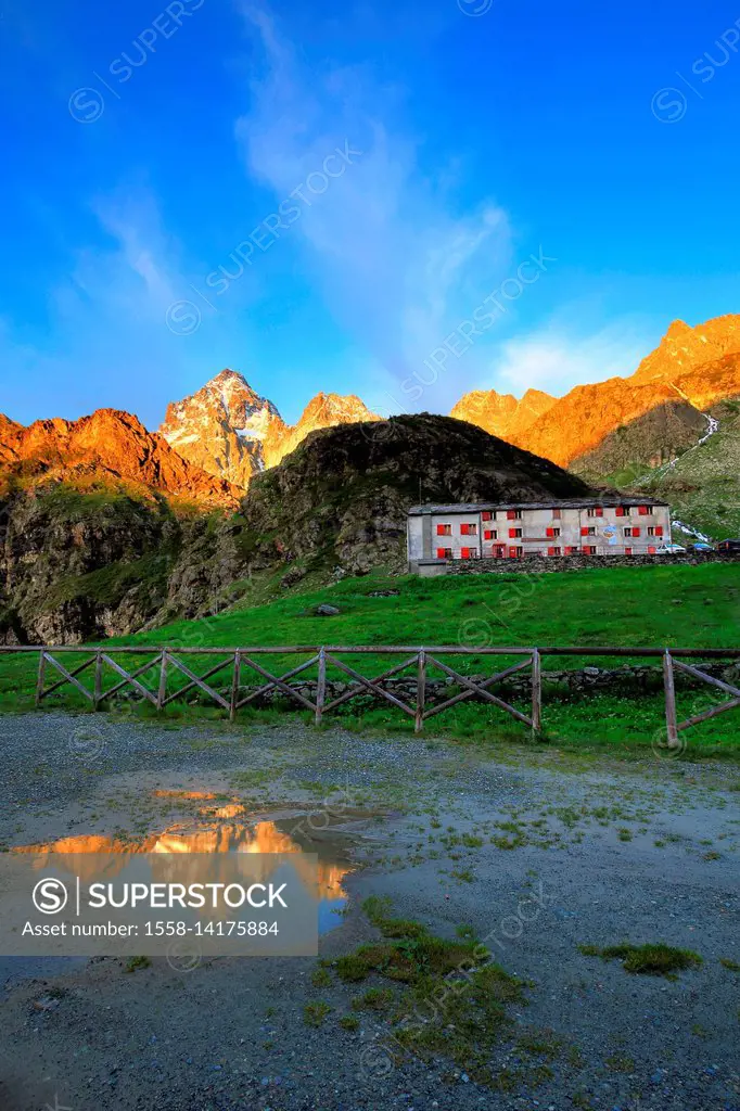 Sunrise in Pian del Re refuge, Crissolo village, Cuneo district, Pidmont, Italy