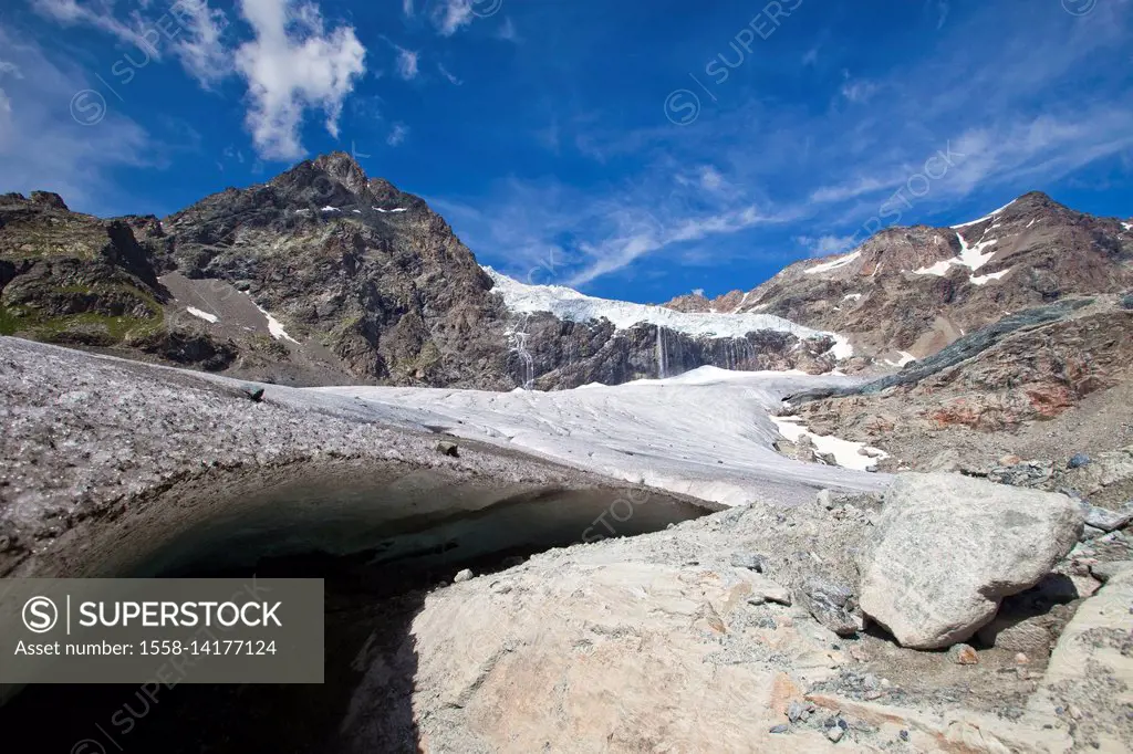 The shadow of a crevasse, a deep crack in the ice of the Fellaria glacier, Valmalenco, Valtellina, Lombardy Italy Europe