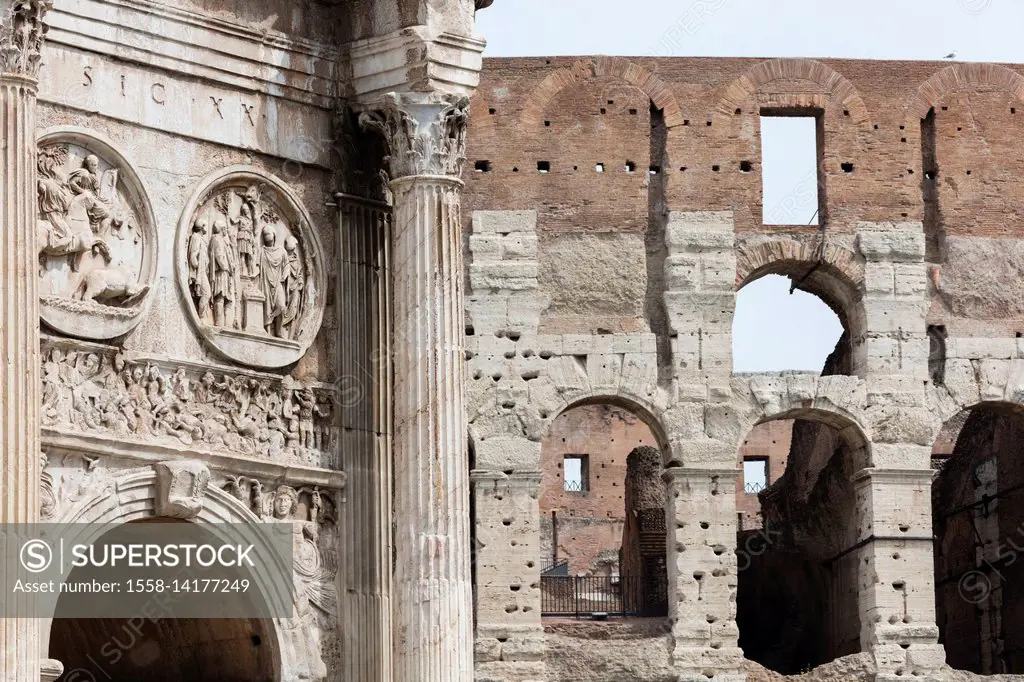 Architectural details of the Arch of Constantine and Colosseum the largest amphitheatre ever built Rome Lazio Italy Europe