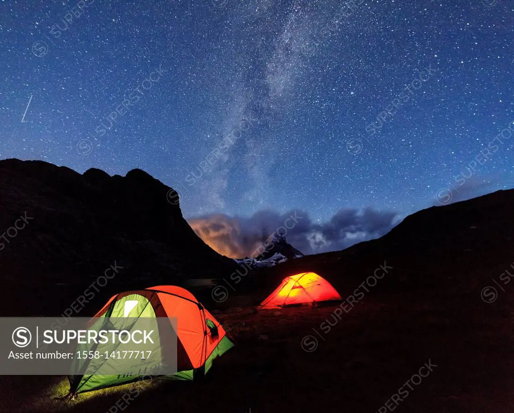 Camping on the shores of Lake Stellisee under the stars and Milky Way Zermatt Canton of Valais Switzerland Europe