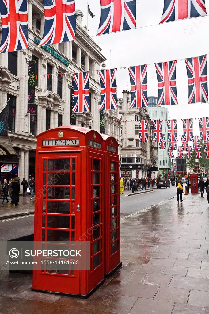 Great Britain, London, telephone boxes, British flags,