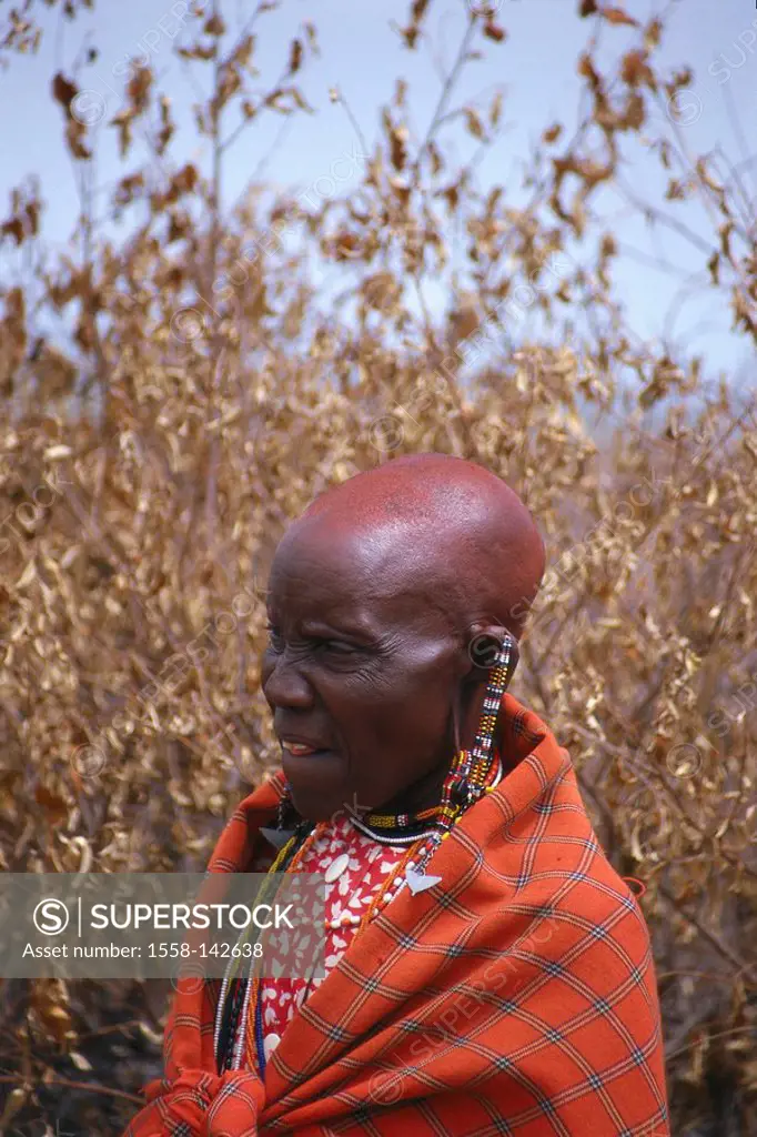 Kenya, Massai Mara national-park, Masai, woman, side-portrait, Africa, East-Africa, people, natives, people of color, tribe, Masai-Frau, woman, jewelr...