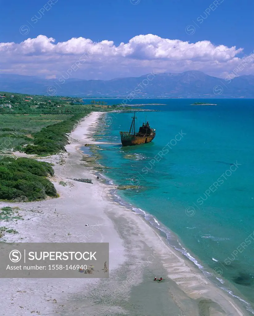 Greece, Peloponnes, Gythion, shipwreck, destination, coast, coast_landscape, beach, sea, Mediterranean, heaven, clouds, people, ship, wreck, stranded,...