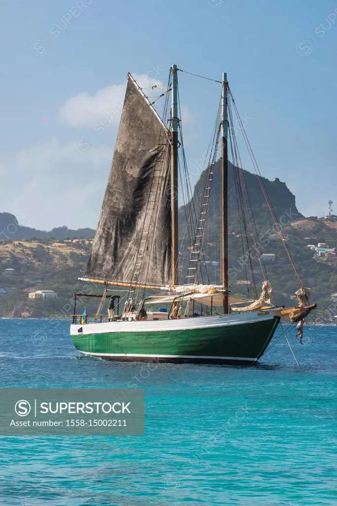 Historic Scaramouche sailing boat featured in Priates of the Caribbean, Palm island, Grenadines islands, St. Vincent and the Grenadines, Caribbean