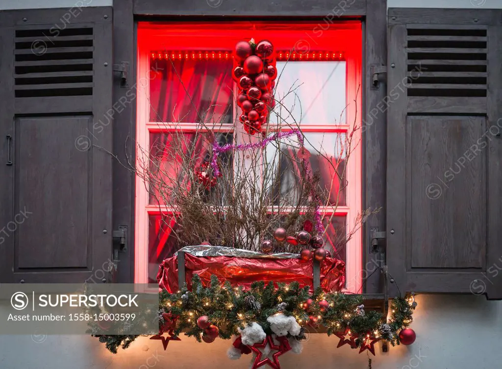 France, Alsace, Strasbourg at Christmas time, Christmassy window in the district 'Petite France'