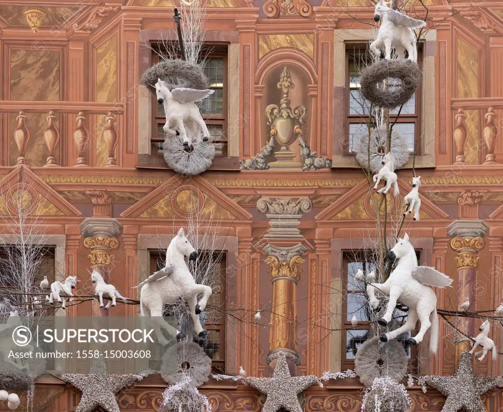 France, Alsace, Strasbourg at Christmas time, Christmassy decorated facade in the Old Town.