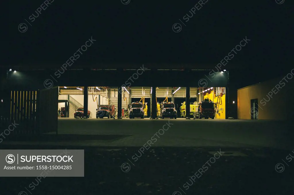 fire station at night at bonaire island, fire trucks