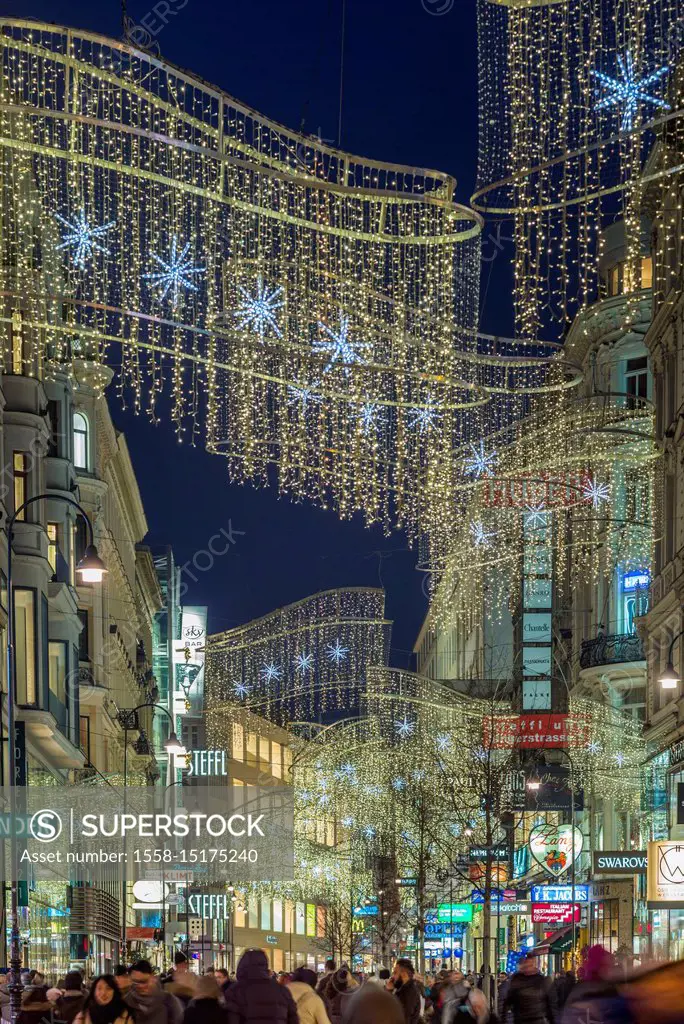 Austria, Vienna, Kartnerstrasse shopping street, Christmas decorations, evening