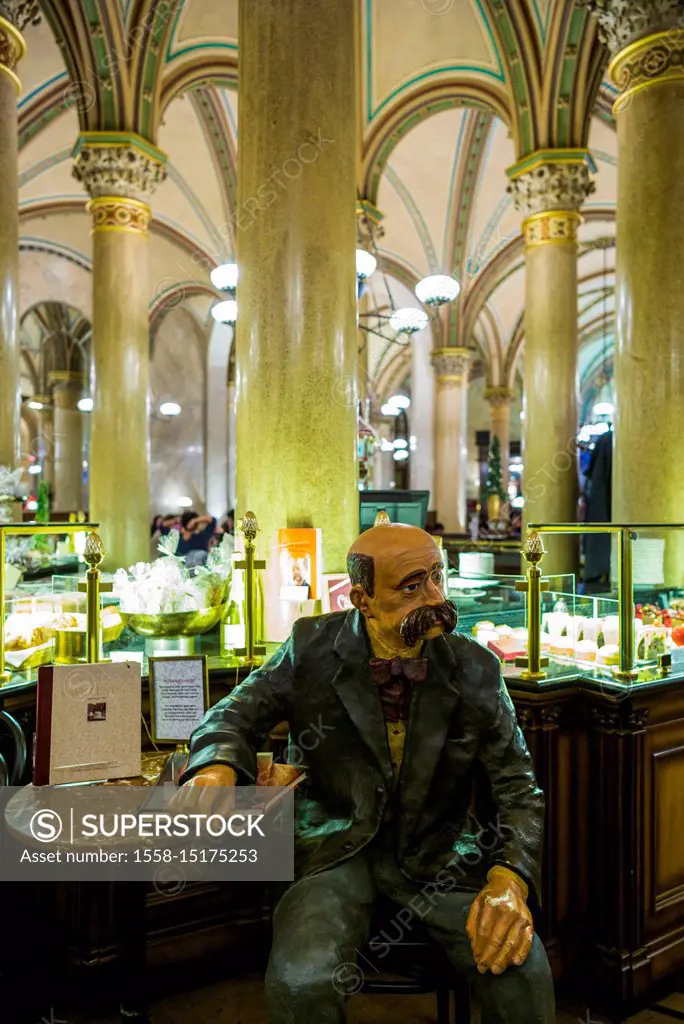 Austria, Vienna, Cafe Central, interior with statue of poet Peter Altenberg