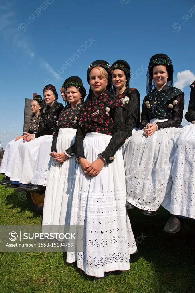 Big festival with traditional costumes on the Hanswarft, Hallig Hooge, Schleswig - Holstein, North Germany, Germany,