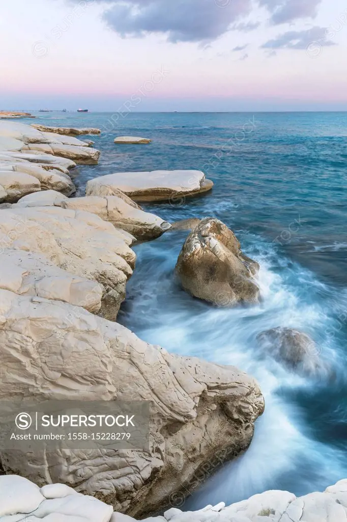 Cyprus, Limassol, The crystal water and the white rocks of Governor's Beach at sunrise