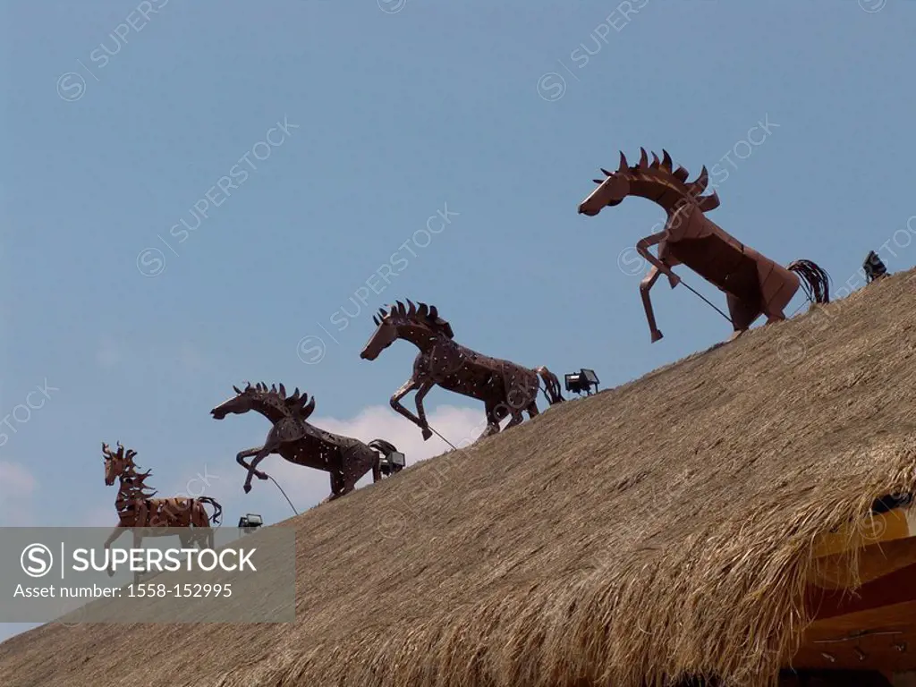 Mexico, Yucatan, Playa Del Carmen, buildings, roof, sculptures, art, horses, Central America, vacation, trip, tourism, resort, house_roof, thatch, art...