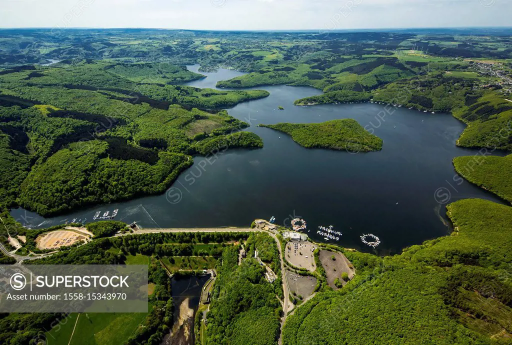 Sailboat jetty near the dam, Rurstausee, Rurtalsperre Schwammenauel second largest reservoir in Germany, Heimbach, Eifel, North Rhine-Westphalia, Germ...