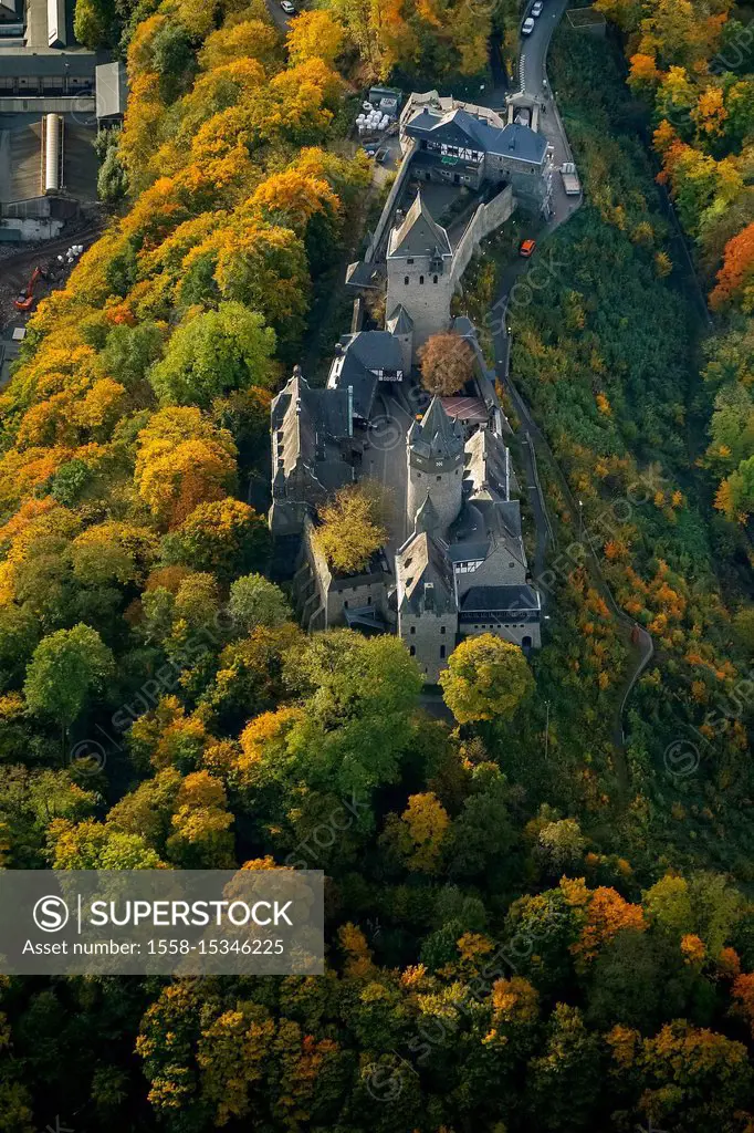 Aerial view, Altena Castle, county Altena, Klusenberg, fall foliage, Altena, Sauerland, North Rhine-Westphalia, Germany, Europe