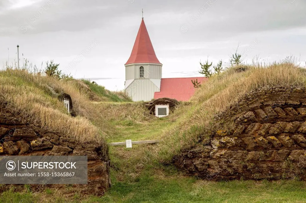 Iceland, Icelandic turf house, museum, church and old peat huts, grass roof, ring road,