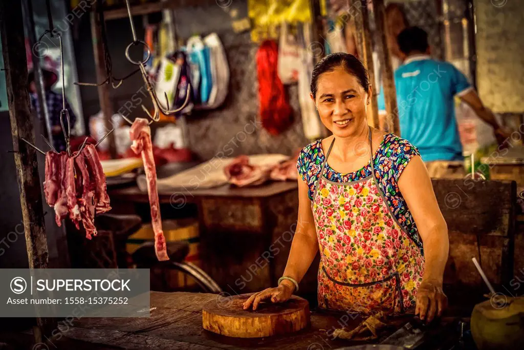 Asia, Southeast Asia, South Vietnam, Vietnam, Mekong Delta, Market, Meat Seller