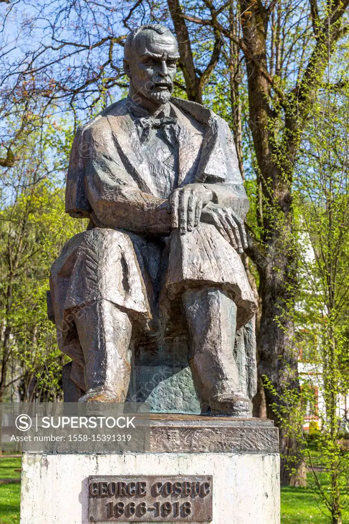 Sculpture of George Cosbuc, 1866-1918, poet, writer and translator, City Park, Bistrita, Bistrita, Beszterce, Transylvania, Romania, Europe