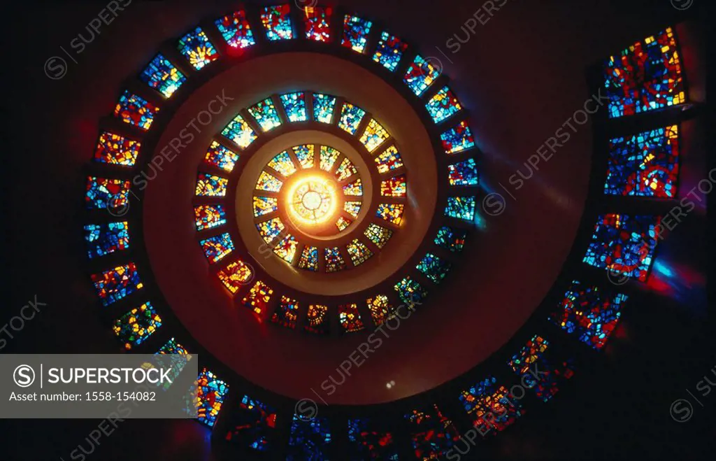 USA, Texas, Dallas, church, colored glass window, spiral, detail,