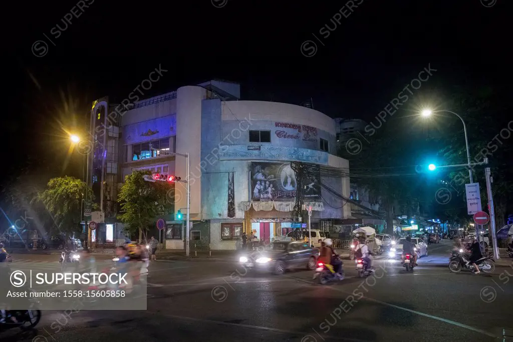 Cambodia, Phnom Penh, Cine Lux Cinema, night street scene