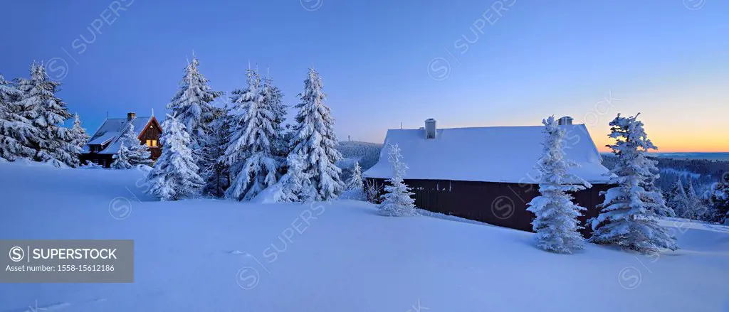 Germany, Saxony, the Erzgebirge, Oberwiesenthal, winter scenery, winter evening in the Fichtelberg (mountain), typical alpine hut, spruces covered wit...