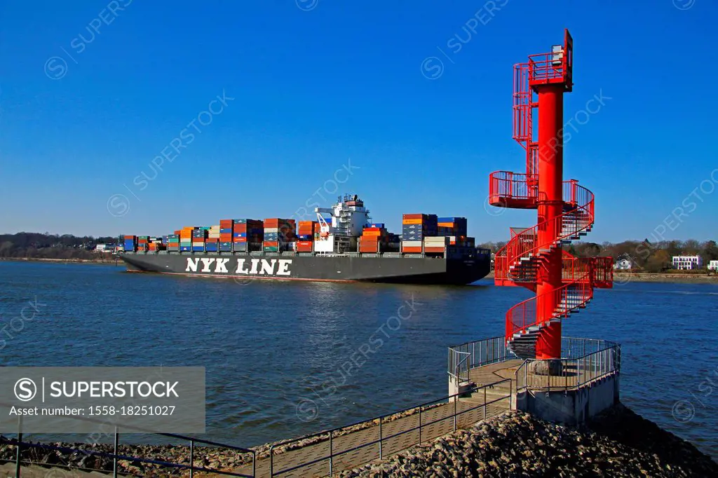 Container ship on the Elbe at the observation tower at Rüschpark in Hamburg-Finkenwerder, Hamburg, Germany