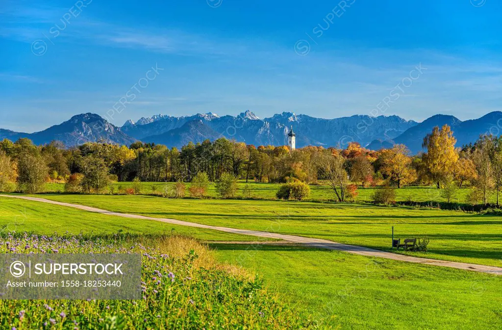 Germany, Bavaria, Upper Bavaria, district of Rosenheim, Bad Aibling, view over the Glonn valley with the tower of the city parish church of the Assump...