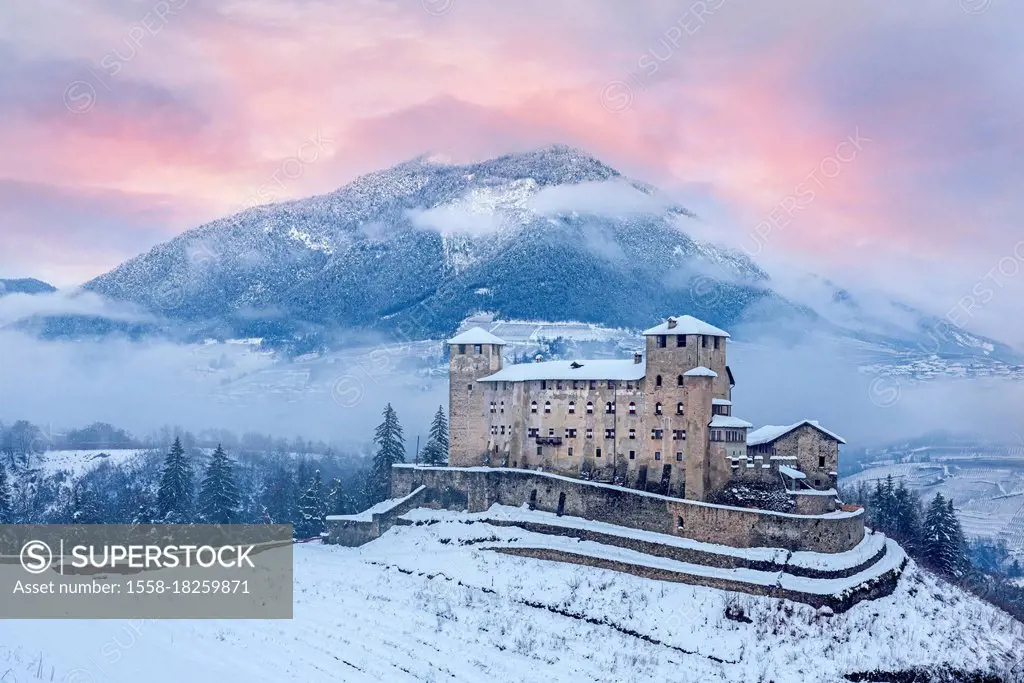 Cles Castle at sunrise. Europe, Italy, Trentino Alto Adige, Non valley, Cles