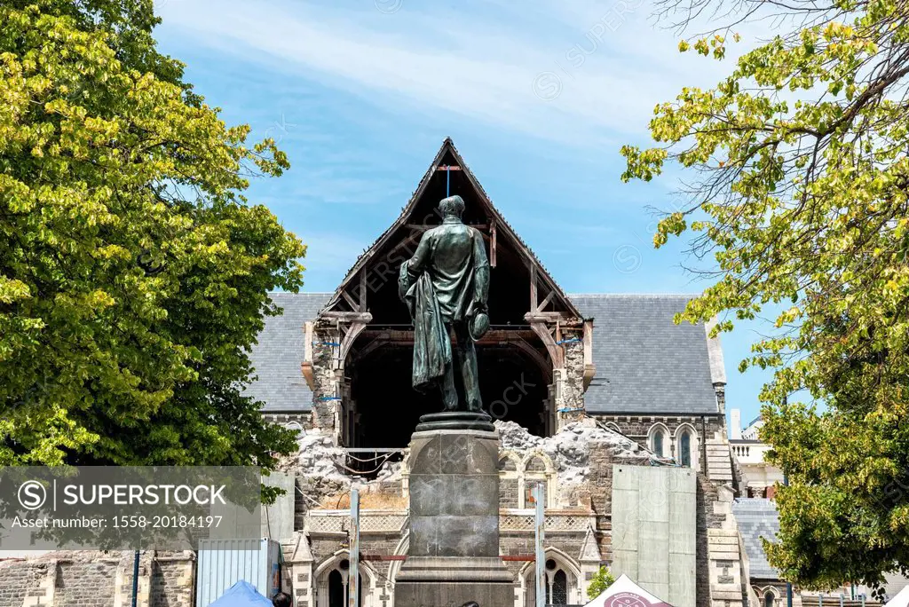 Ruin of famous Christchurch Cathedral after the earthquake of 2011, South Island of New Zealand