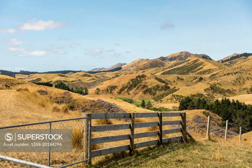 Rural dry farmland and hills at Marlborough district, South Island of New Zealand