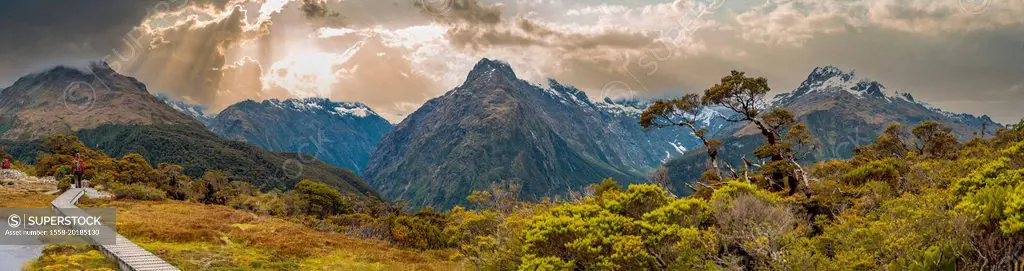 Panoramic view of the Southern Alps at Key Summit, Fiordland National Park, South Island of New Zealand