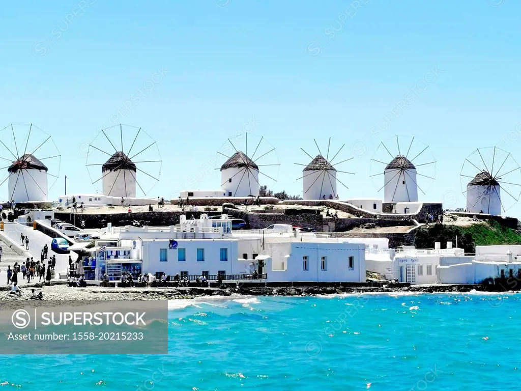 View of the windmills of Mykonos, Greece