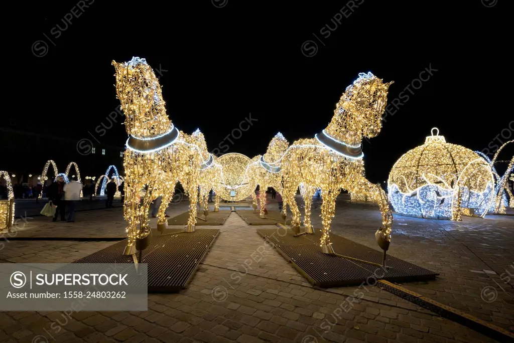 Golden horses, Christmas lights world, Magdeburg, Saxony-Anhalt, Germany