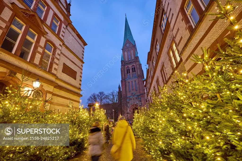 North Germany, Mecklenburg-Western Pomerania, Schwerin, Christmas market, cathedral, church tower